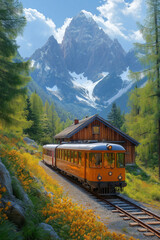 Obraz premium Photo réaliste professionnelle d’une gare de montagne rustique avec un train rétro attendant de partir, entouré de paysages pittoresques et de sommets imposants