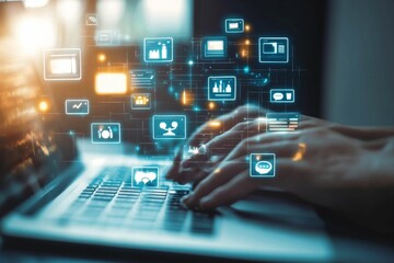 Hands typing, digital data flows across screen.