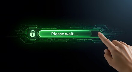 Digital security concept with futuristic loading bar and hand interaction showcasing modern encryption and cyber protection in a virtual interface