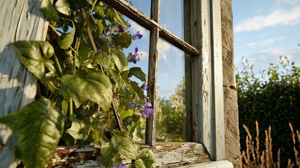 Ornate Window Frame with Greenery and Flowers