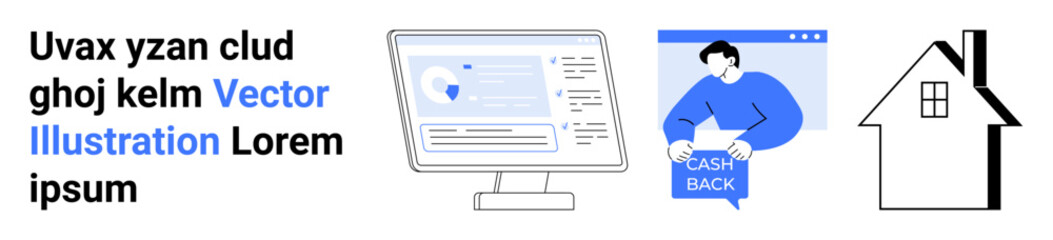 Computer monitor displaying website, man holding cashback sign, house symbol. Ideal for e-commerce, retail, online transactions, finance, home security, marketing, web design. Landing page