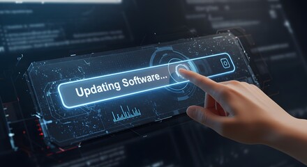 Software update in futuristic interface highlighting innovation and secure digital technology with hand interaction for modern system maintenance