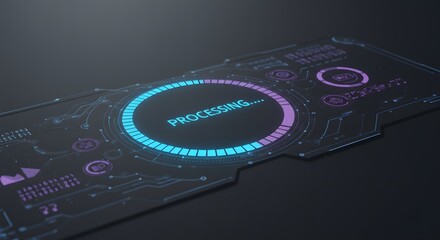 Processing screen with futuristic circular progress bar and digital interface for advanced technological data flow and computing system in cyber innovation