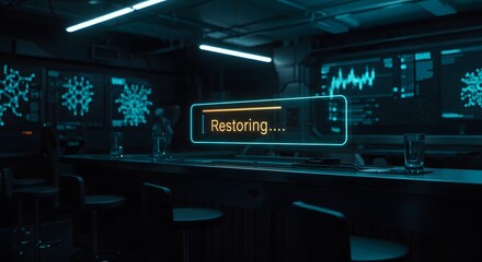 Restoration progress interface displayed in futuristic cyber environment highlighting secure data recovery and modern system innovation
