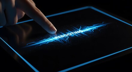 Hand touching futuristic digital screen with rebooting display in neon blue glow, representing technology rebooting and system initialization in an advanced graphical interface