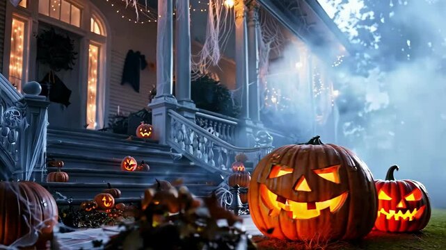 A house with a porch full of pumpkins and a staircase leading up to the front door. The pumpkins are lit up and there are several of them in various sizes. Scene is spooky and festive