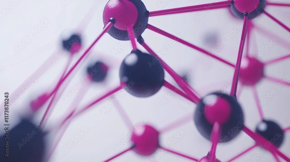 Poster abstract 3d rendering of a molecular structure with pink connecting rods and dark spheres. ideal for