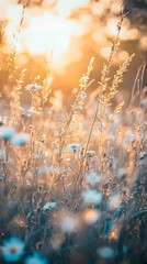 Obraz premium Tall wild grasses and daisies gently sway in a golden sunset, capturing the tranquil beauty of nature in a serene and peaceful setting