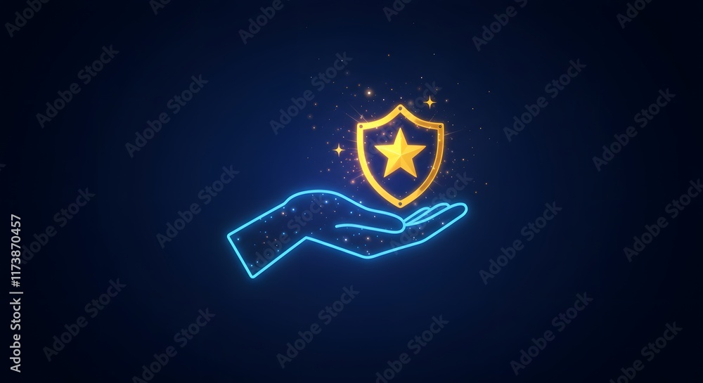 Poster cybersecurity concept showcasing futuristic holographic technology with a secure glowing golden shie