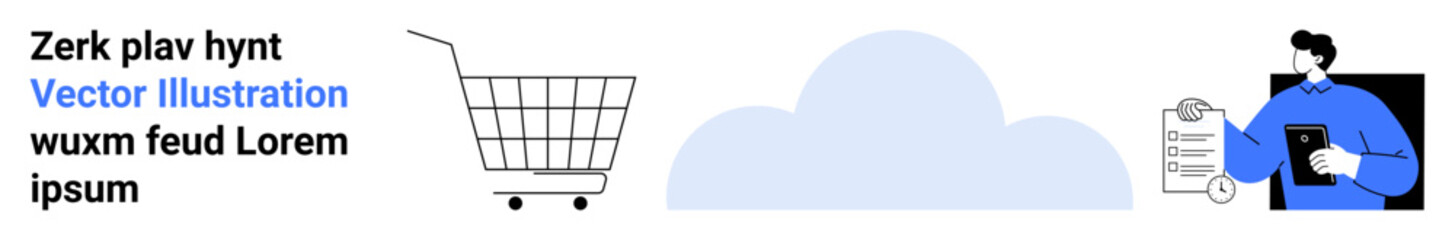 Shopping cart beside cloud man reviewing clipboard and tablet. Ideal for online retail, digital marketing, cloud technology, e-commerce solutions, data analysis, tech development, business strategy