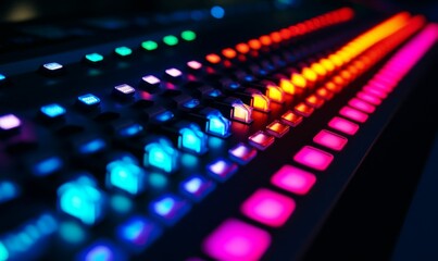 Fototapeta premium Illuminated control panel; colorful buttons, dark background.