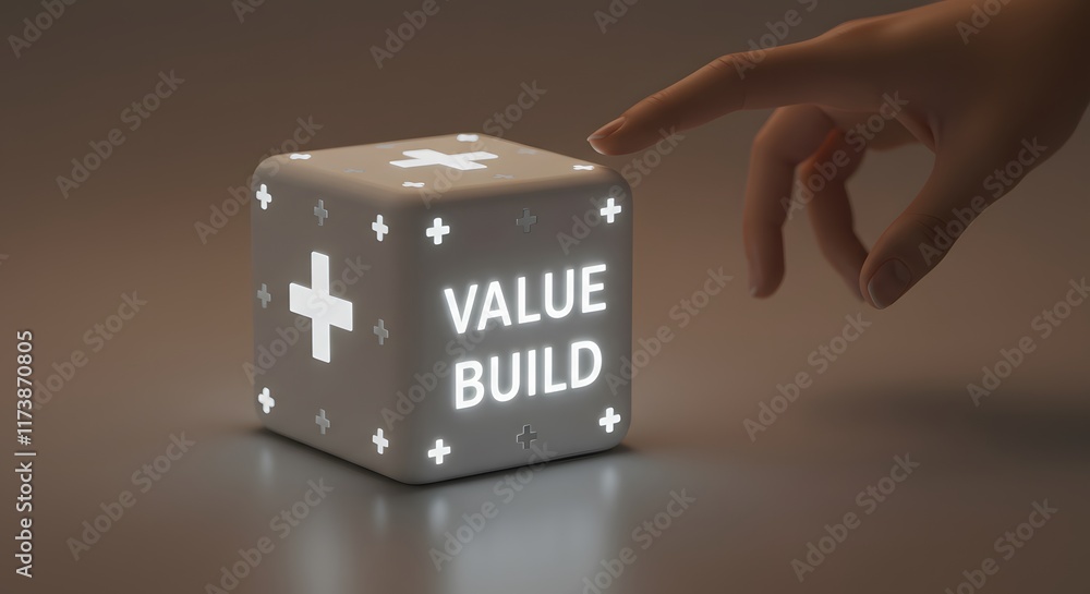 Poster value creation and enhancement concept with glowing cube showcasing futuristic style for innovation 