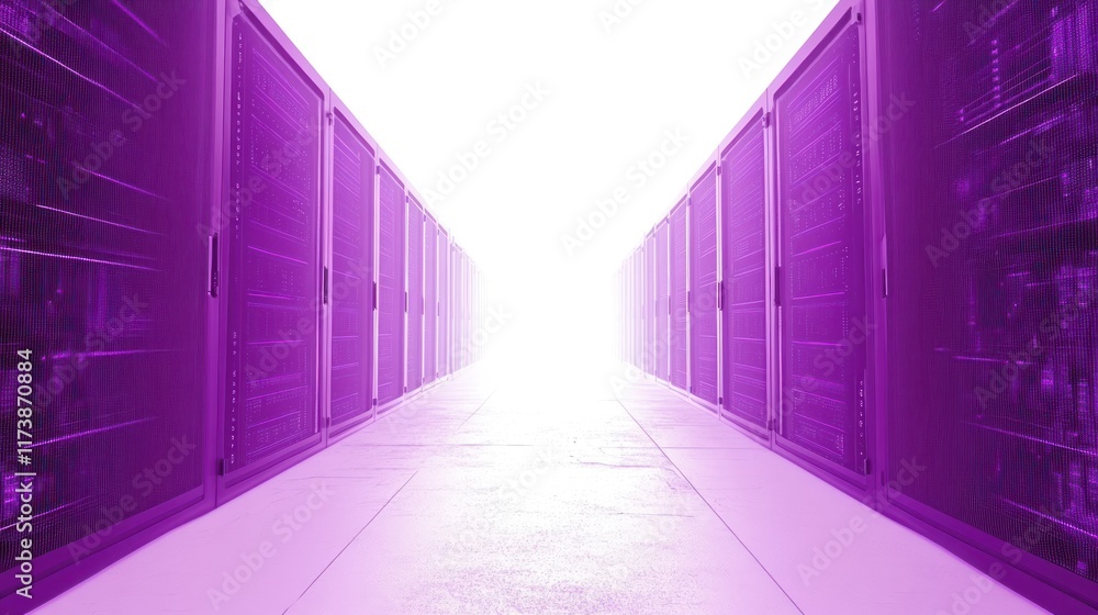 Poster purple server room with bright light at end. ideal for technology website banners blog posts or soci