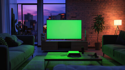 A green screen television is on in a living room