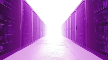 Purple server room with bright light at end. Ideal for technology website banners blog posts or social media visuals related to data centers cloud computing and cybersecurity.