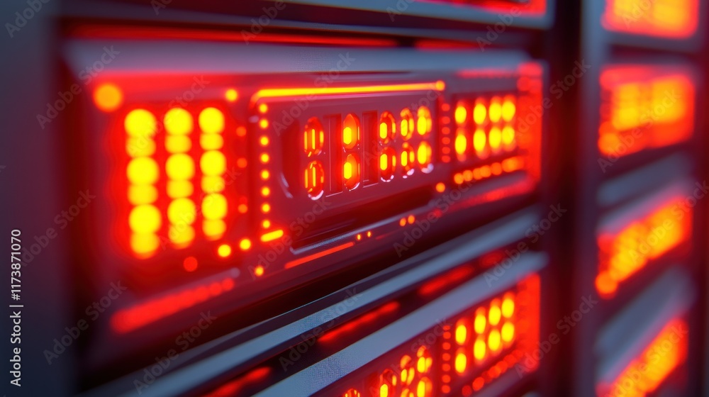 Poster close-up of server racks with glowing red lights. ideal for technology, cybersecurity, and data cent