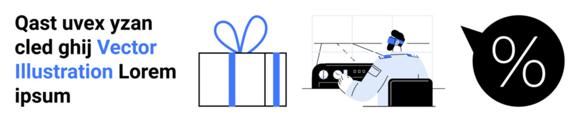 Gift box with bow, customer service representative wearing headset, and percentage discount icon. Ideal for e-commerce, customer support, promotions, gifts, sales marketing and discounts. Landing