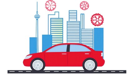 A red car in front of a city skyline with gears, symbolizing urban transport and industry.