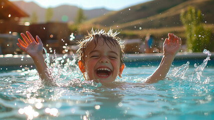Child Splashing in Shallow Thermal Pool on Sunny Day
