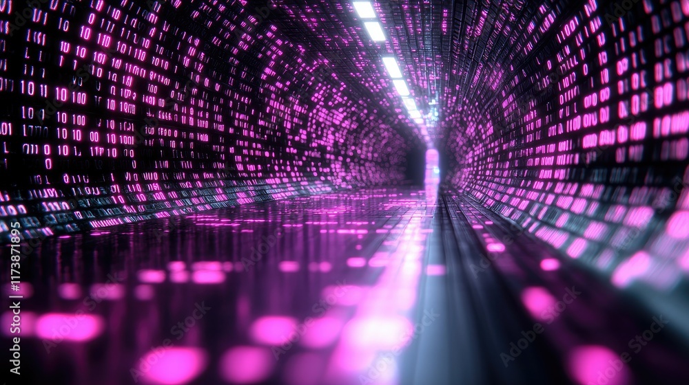 Poster futuristic digital tunnel with glowing binary code.