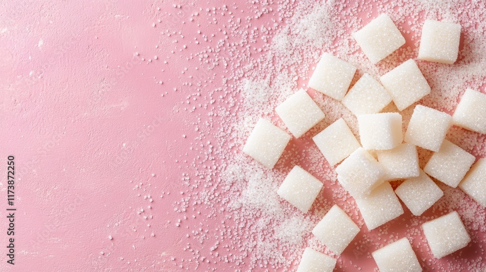 Poster Granulated and cube sugar on pink background forming a diagonal line dividing the image, ideal for representing sugar, diet, health, and sugar free concepts