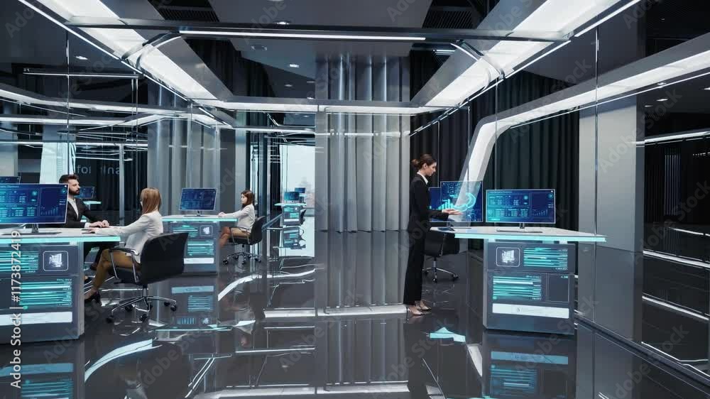 Poster modern office workspace with professionals collaborating on technology-driven projects