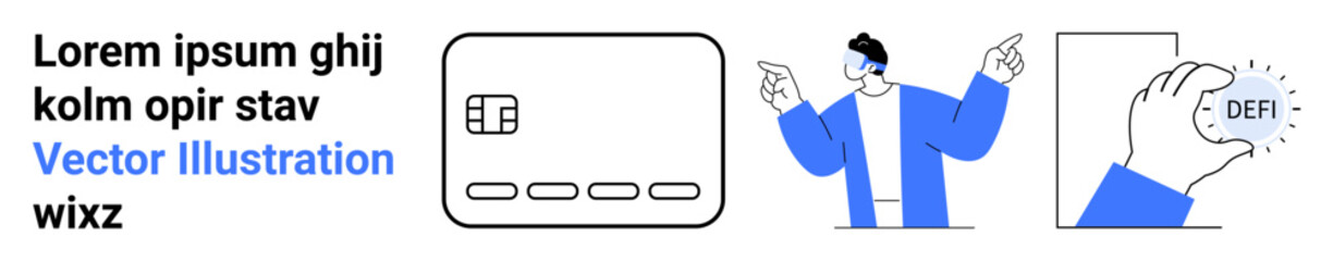 Cryptocurrency card, man pointing towards financial applications, hand holding a DEFI coin. Ideal for cryptocurrency, blockchain, fintech, investments, technology, decentralized finance innovation