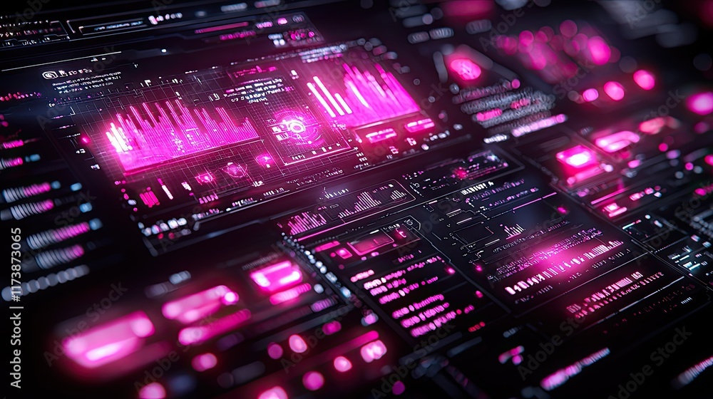 Poster futuristic pink digital interface with glowing graphs and data.