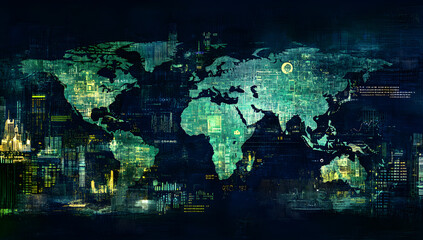 Obraz premium Digital World Map with Data Analytics and Information Flow