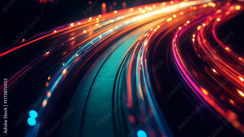 Poster optic cable installer workflow with illuminated fiber lines in action. generative ai