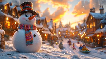 Obraz premium A cheerful snowman in a snowy village at sunset, evoking winter joy.