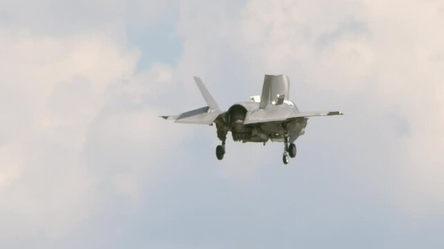 A United States Marines F-35b lightning fighter jet hovers over the runway at the Marine Corp Air Station in Beaufort, South Carolina.