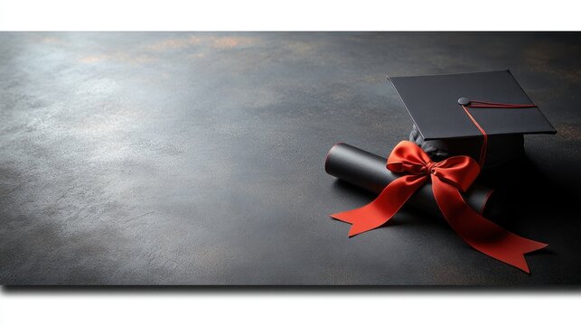 Graduation cap and diploma tied with red ribbon on dark textured background. Perfect for graduation announcements, invitations, or website banners.