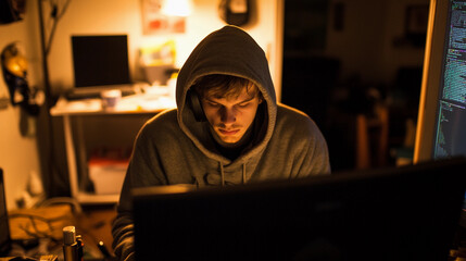 A person in a hoodie sits focused on a computer screen in a darkened room
