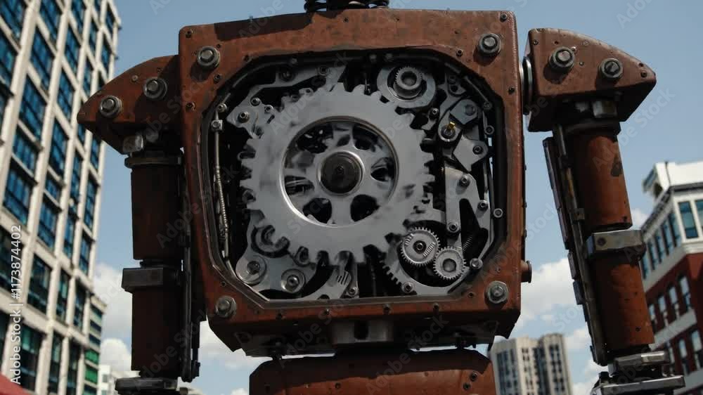 Poster robot structure reveals intricate gears in urban setting during sunny day