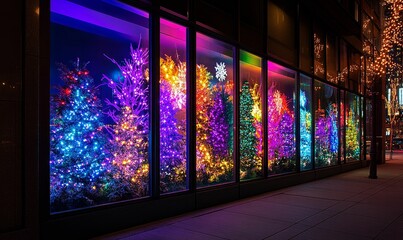 Colorful illuminated trees displayed in storefront windows.