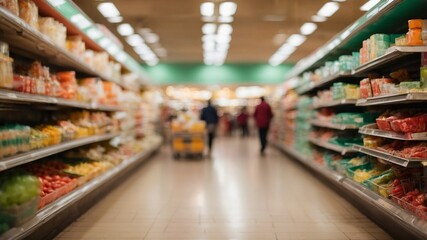 Fototapeta premium Blurred supermarket background, dim lighting, retro atmosphere, faded colors, vintage feel, slightly out-of-focus shelves, old-style cinematic look, warm tones, soft bokeh, nostalgic ambiance, classic