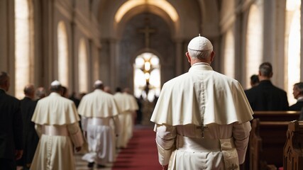 Naklejka premium Extended Description: Back view of The Pope walking gracefully through Church aisle, robe flowing elegantly, head bowed in deep prayer. Symbol of faith, reverence, hope. Soft blessing light shines, cr