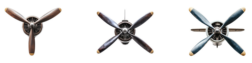 Vintage airplane propeller isolated on transparent background, Set of