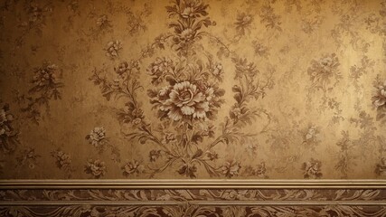 Vintage golden wallpaper with worn tapestry, intricate Victorian pattern, rich textures, elegant design, faded charm, retro ambiance, antique aesthetic, timeless beauty, luxurious touch, grandiose sty