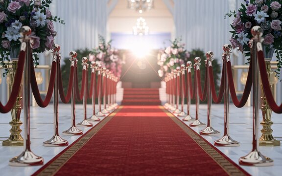 red carpet scene, Red carpet entrance with stanchions and floral arrangements in a grand hall.