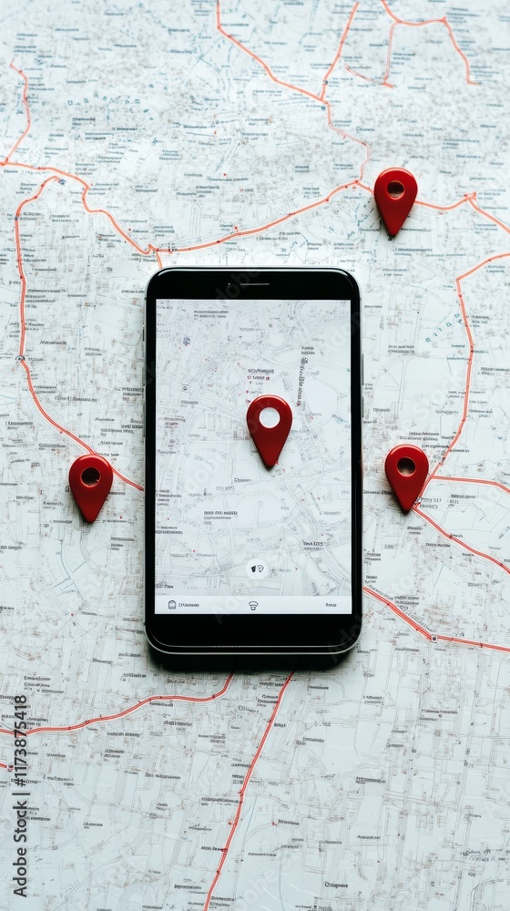 Poster Smartphone displaying a vibrant map with location pins positioned on a paper map, emphasizing the essence of navigation and the convenience of online mapping technology
