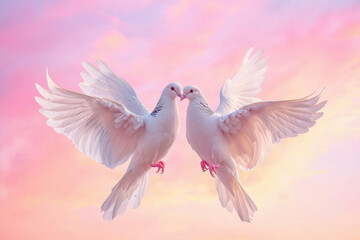 Obraz premium Elegant doves creating a heart shape with their wings against a vibrant pink sky, symbolizing unity