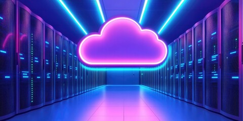 Abstract background of cloud infrastructure, data stream computing technology with a glowing cloud icon inside server room
