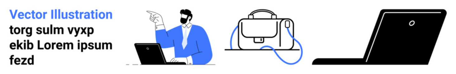 Professional man in blue typing on laptop, VR headset with cables on desk, open laptop. Ideal for tech tutorials, e-learning, remote work, business blogs, web design, educational content, startup