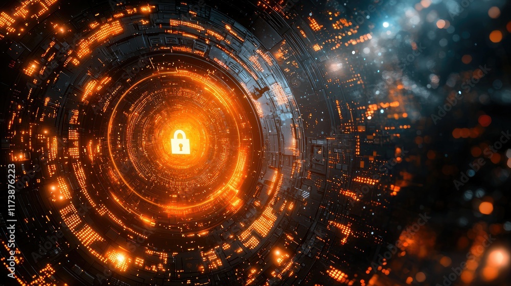 Poster glowing digital lock icon in futuristic circular tech interface.