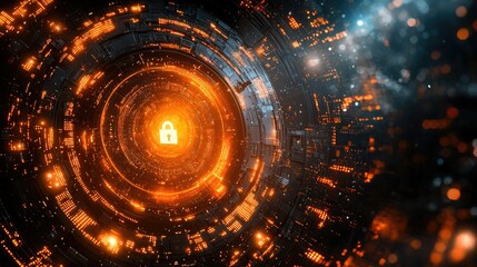 Fototapeta premium Glowing digital lock icon in futuristic circular tech interface.