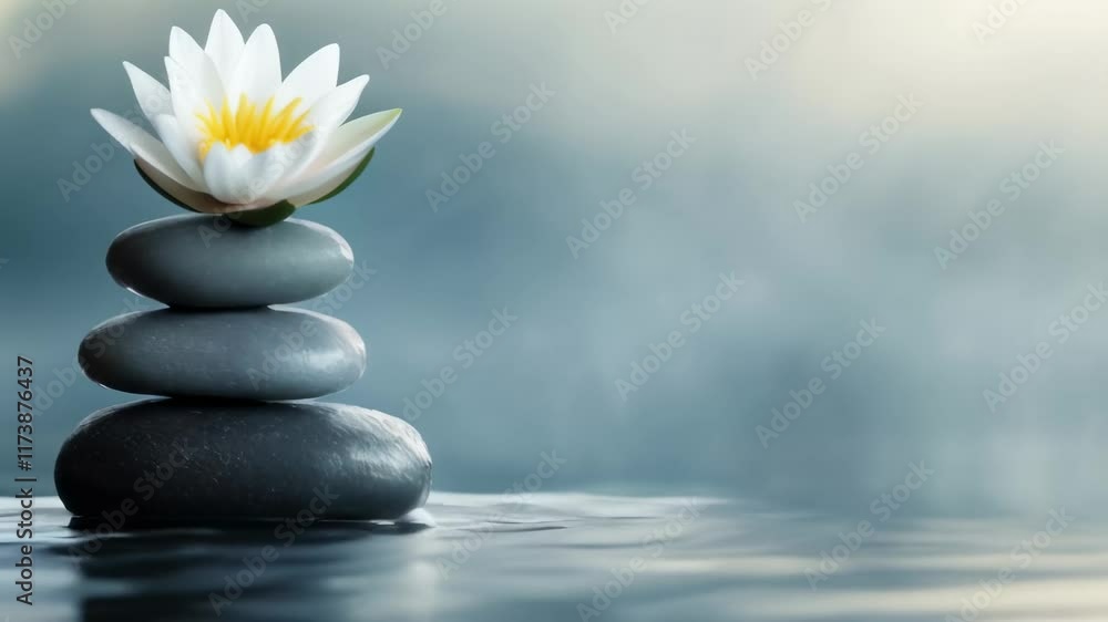 Poster stacked grey stones with white water lily flower on top, emerging from calm water surface, create a 