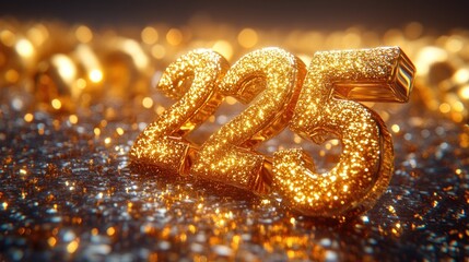 Shiny gold glitter 225 on a sparkling background. Ideal for 225th anniversaries, birthdays, or celebrations.