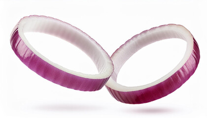falling onion rings isolated on white background nlevitating onion pieces macro